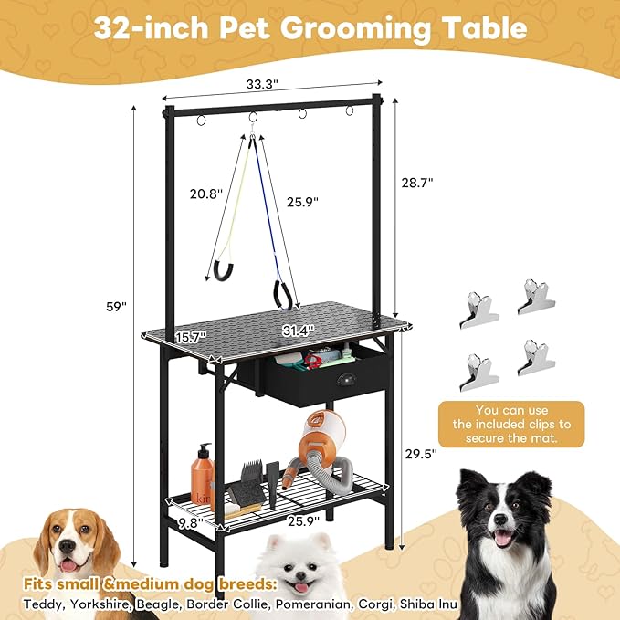Dog Grooming Table with Drawers and Mesh Tray,32 Inch Adjustable Pet Grooming Table with Non-slip Removable Washable Mat and EVA Protective Lanyard ,Professional Grooming Table for small Dogs at Home