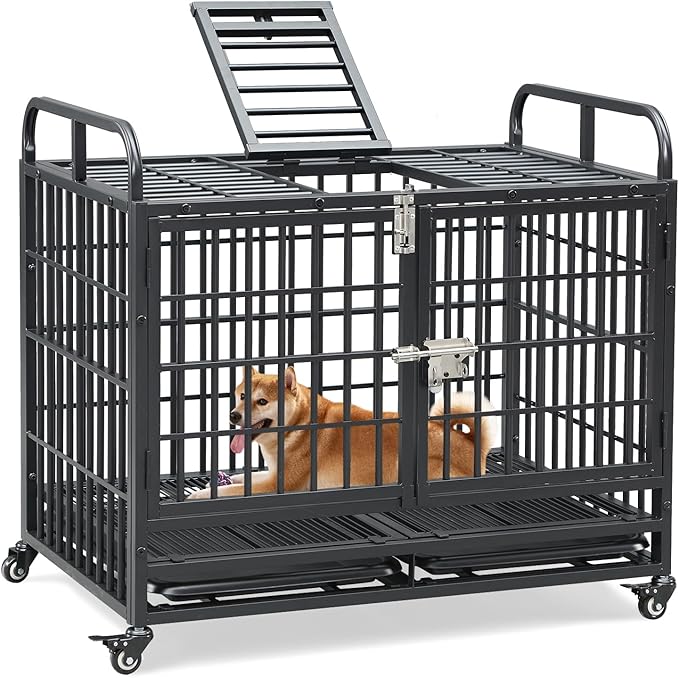 Lauren&Harold Heavy Duty Dog Crate for Medium/Small Dogs, Metal Dog Kennel Indoor with Top Door&Feed Door, Easy-to-Clean Dog Cage with Removable Tray&Wheels (42" L x27.5 W x 33" H(Medium))
