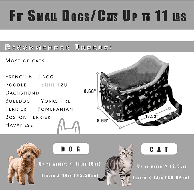 Center Console Dog Car Seat for Small Dogs Chihuahua or Yorkie Anti-Anxiety Anti-Collapse Booster Armrest Pet Bed | Secure Portable Seat for Compact Cars (Black, Up to 11 lbs)