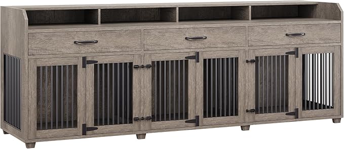 AMERLIFE 95" Large Dog Crate Furniture, Multi-Functional TV Stand with Storage Drawers & Removable Divider for Medium/Large Dogs, Grey