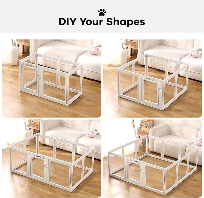 Clear Acrylic Dog Playpen Indoor, Puppy Cat Small Pet Play Pen, Pet Cat Playpen for Rabbits, Dog Fence Crate Kennel Whelping Cage (White, 8 Panel)
