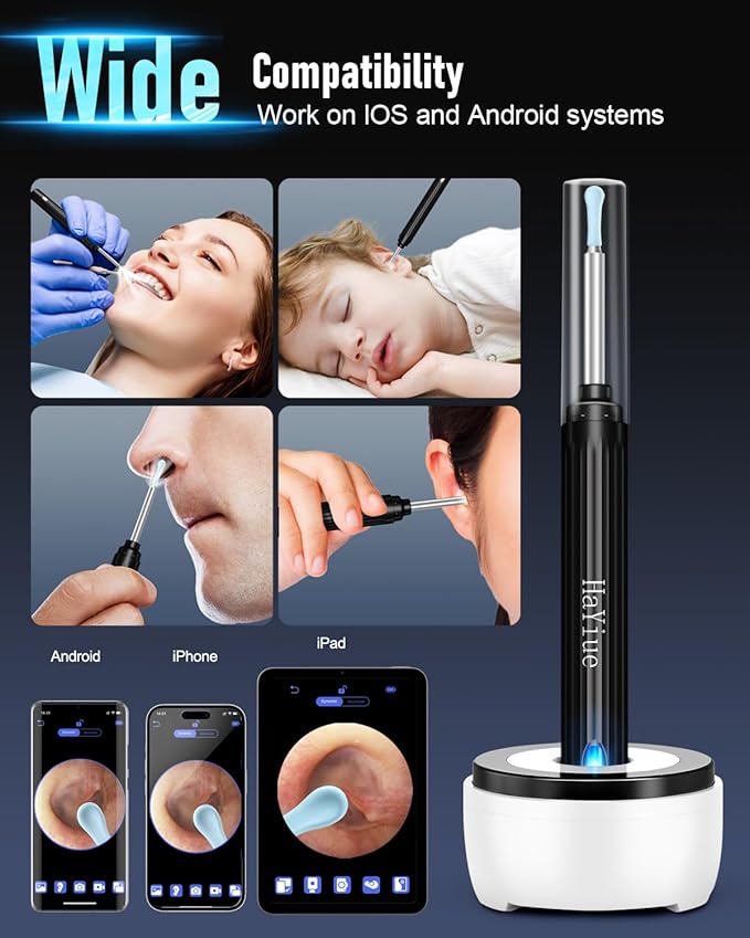 Ear Wax Removal Tool Camera, Ear Cleaner with Camera, Ear Cleaning Kit 1296P HD Ear Scope, 6 LED Lights and 6 Ear Picks, Earwax Removal with Otoscope to Earify Earwax for iOS and Android