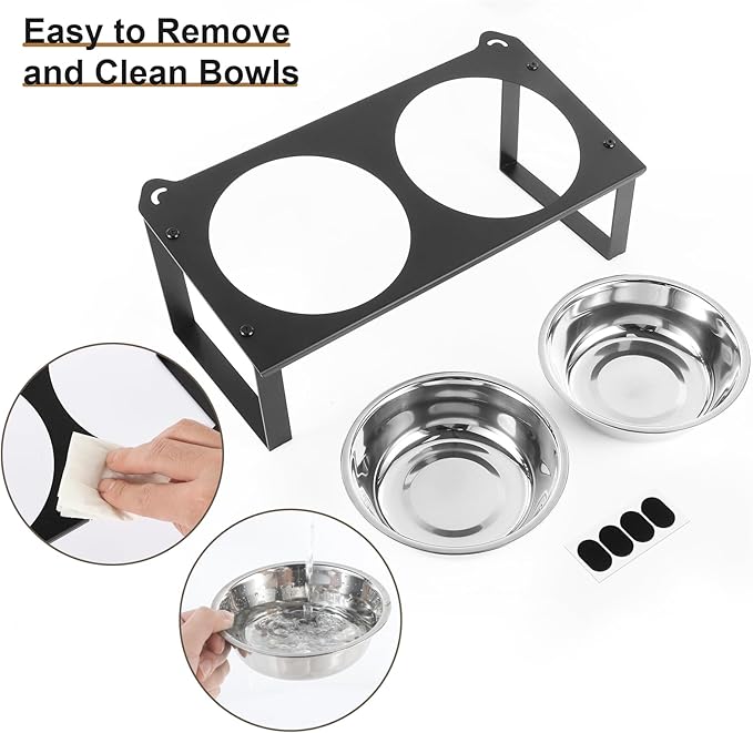 1 Set Elevated Cat Food Water Bowls, 4 Replacement Stainless Steel Bowls for Indoor Pet with Cute Metal Stand, 10° Tilted Anti-Vomiting Raised Wide Shallow Cat Dishes Whisker Friendly for Kitten,Puppy