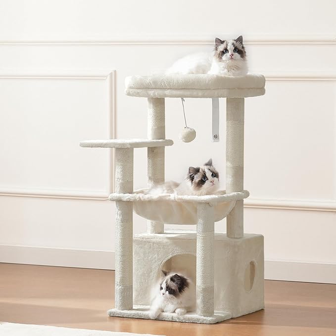 Heybly Cat Tree, Kitten Tower with Large Soft Cat Basket,Cat Condo with Spacious Cat Bed Cave with Hidden Space,Sisal-Covered Scratching Posts,Dangling Ball for Indoor Cats, Beige HCT008SM