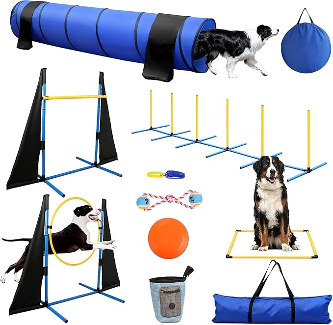 POPMOON Dog Agility Equipment,Dog Agility Course Backyard Set-Professional Backyard Course with Adjustable Jumps,Collapsible Tunnel,Storage Bags&Toys