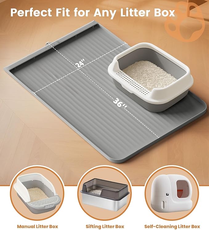 Cat Litter Mat for Litter Box, Waterproof Litter Trapping Mat with Raised Edge, Stops Litter Tracking & Protects Floors, Easy to Clean Cat Mat, 36x24 Inch, Grey