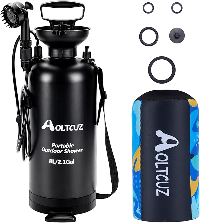 Portable Shower, 2.1Gal (8L) & 45 PSI Pressurized Beach Shower with Pet Brush Sprayer, Stabilizing Foot Pedals & Insulated Sleeve for Camping, Beach, Surfing, Outdoor Cleaning & Dog Washing