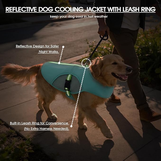IECOii Cooling Large Dog Vest for Outdoor Adventures, Lightweight Breathable Summer Shirt with Leash Ring, Reflective Pet Cooling Harness for Hiking, Walking, Beach, Turquoise, Size 2XL