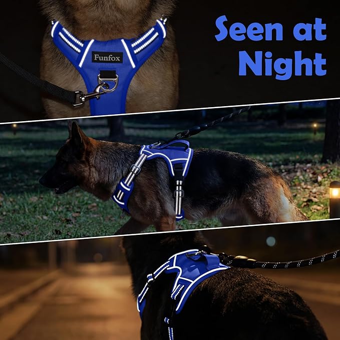 Funfox Dog Harness No Pull, Adjustable Pet Vest Harness, Super Soft Material with Vertical Handle Easy Control, Reflective Night Walking, 2 Leash Clips for Medium Sized Dogs, Blue, M