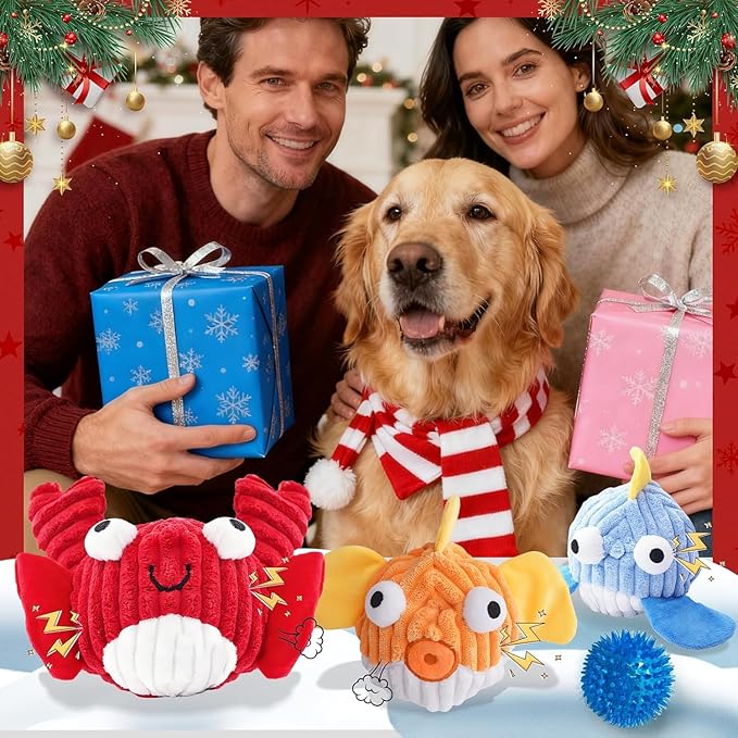 Squeak Dog Toys for Aggressive Chewers, No Stuffing Squeak Dog Chew Toys for Aggressive Chewers, Interactive Dog Toy Ball with Crinkle Paper for Medium Dogs, Large & Small Breeds (B-Blue Whale)
