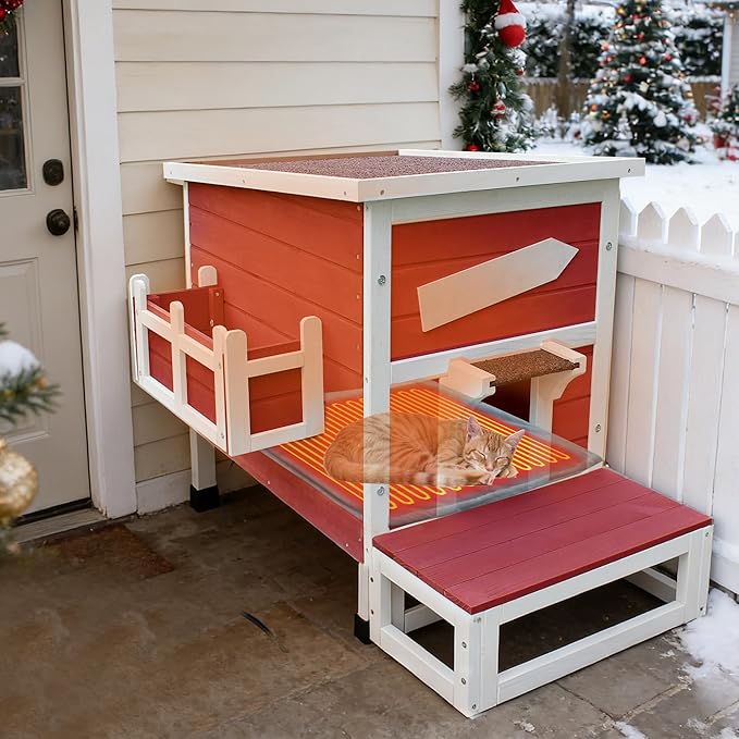 Rockever Heated Cat House for Outside Cats in Winter, Large Heated Cat Houses with Heating Pad, Wooden Outside Cat Shelter Weatherproof with Escape Door(Red)