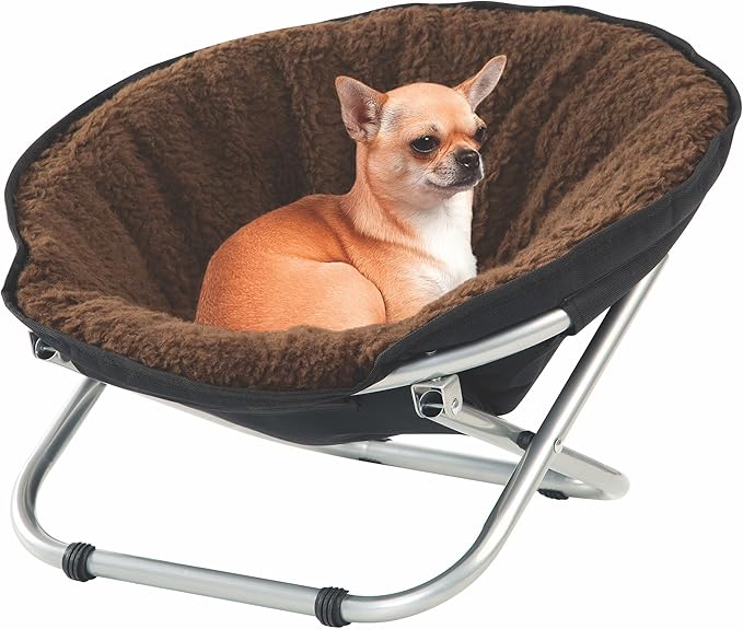Etna Folding Pet Cozy Chair - Portable Round Fold Out Elevated Cat Bed - Brown Fleece Top Cushion - Papasan Chair for Small Dogs