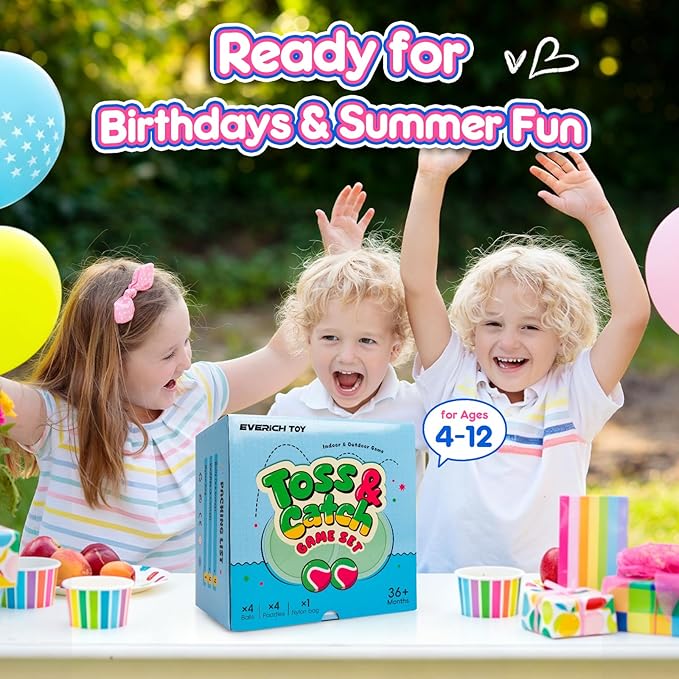 Toss and Catch Ball Game Set, Upgraded Sticky Paddle Ball Set for Kids & Toddlers, Sturdy & Water-Resistant Outdoor Backyard Beach Pool Toy, Birthday Gift for Boys Girls Ages 3-12