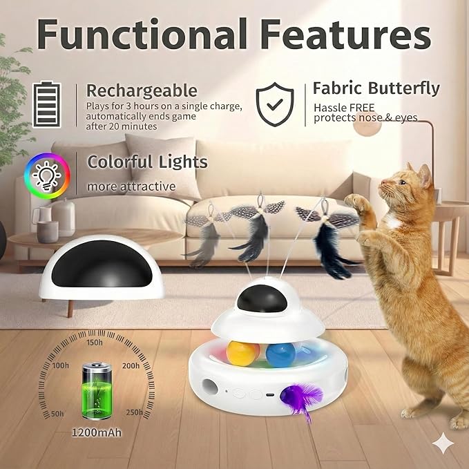 MOHAYA Cat Toys,4-in-1 Interactive Cat Toy for Indoor Cats with Laser, Fluttering Butterfly, Moving Feather and Track Balls - USB Rechargeable Self-Play Kitten Toy (White)