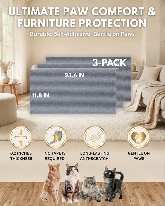 Corner & Wall Cat Scratch Mat, Self-Adhesive Trimmable Cat Scratcher, Wall Mounted Scratching Pad for Indoor Cats, Sofa Furniture Protector, Cat Post Cover Replacement (Grey, 23.6''x11.8'', 3-Pack)