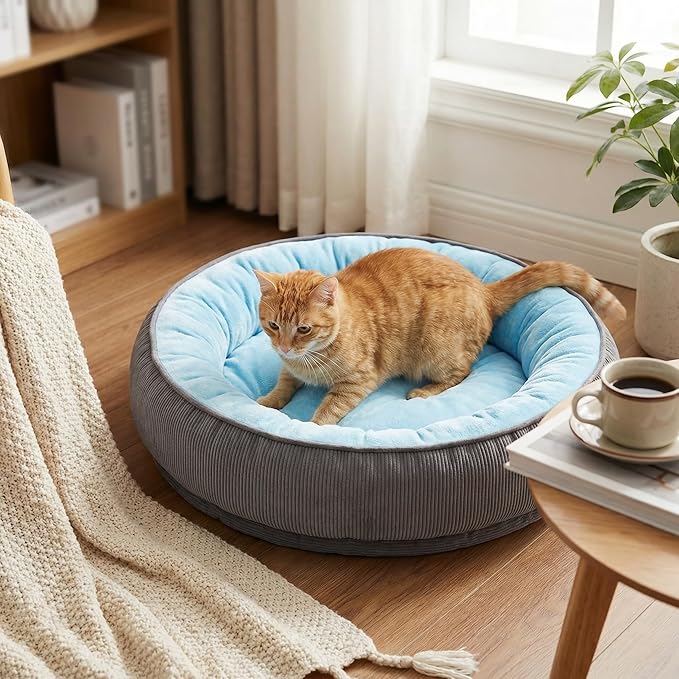 Calming Dog Bed for Small Dogs 16"x20" - Washable Donut Pet Bed with Anti-Slip Bottom, Soft Puppy Bed for Indoor Kittens and Cats with Removable Cover (Sky Blue)