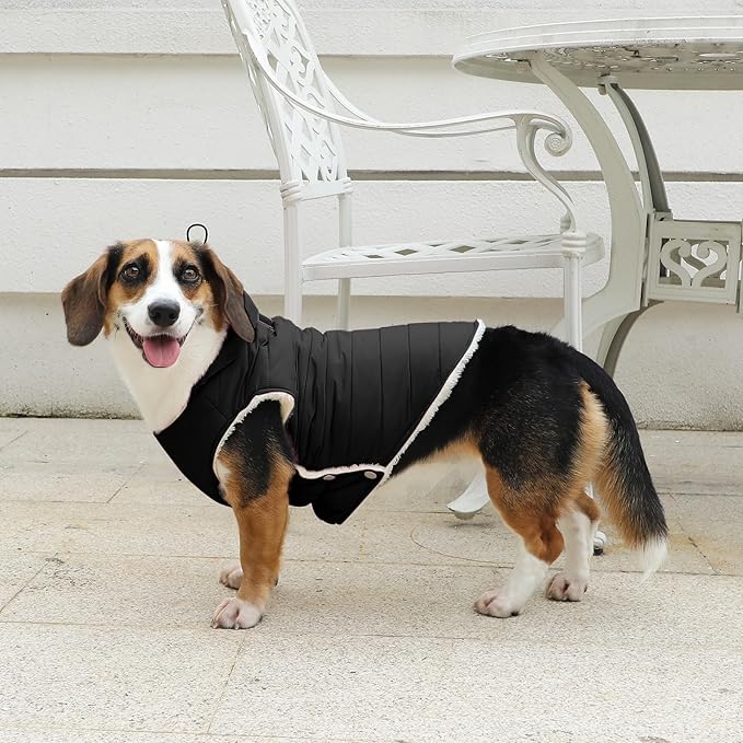 Vecomfy Fleece Lining Dog Hoodie with Harness Built in,Extra Warm Medium Dog Jacket in Winter Doggie Coats with Drawstring Hooded,Black L