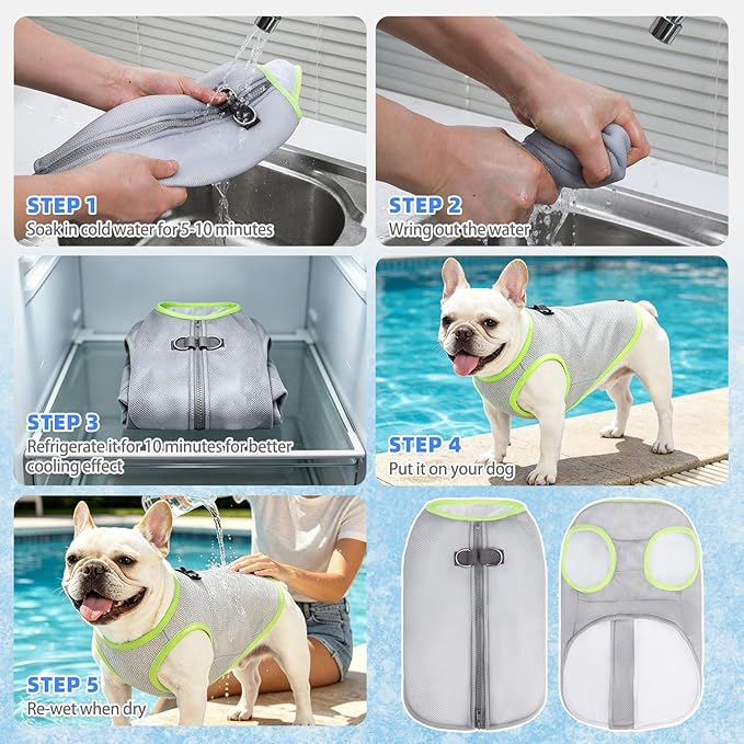 KOOLTAIL Dog Cooling Vest, Sun Protection Easy on off Cooling Pet Shirt Harness with Zipper & Leash Ring, Breathable Summer Quick Dry Clothes, Relief in Hot Weather for Small Medium Large Dogs, Grey L