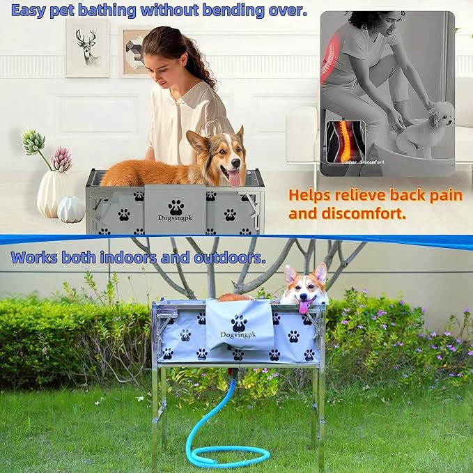 Dogvingpk Portable Foldable Elevated Dog Bathtub, 300 lb Capacity with Drain for Bathing Grooming Medium and Large Dogs, Indoor Outdoor Use (2 PVC-TUB-L)