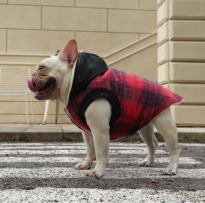 Vecomfy Fleece Lining Dog Hoodie for Medium Dogs Extra Warm Plaid Sweater with Drawstring Hooded Coats in Winter Puppy Jacket,Red L