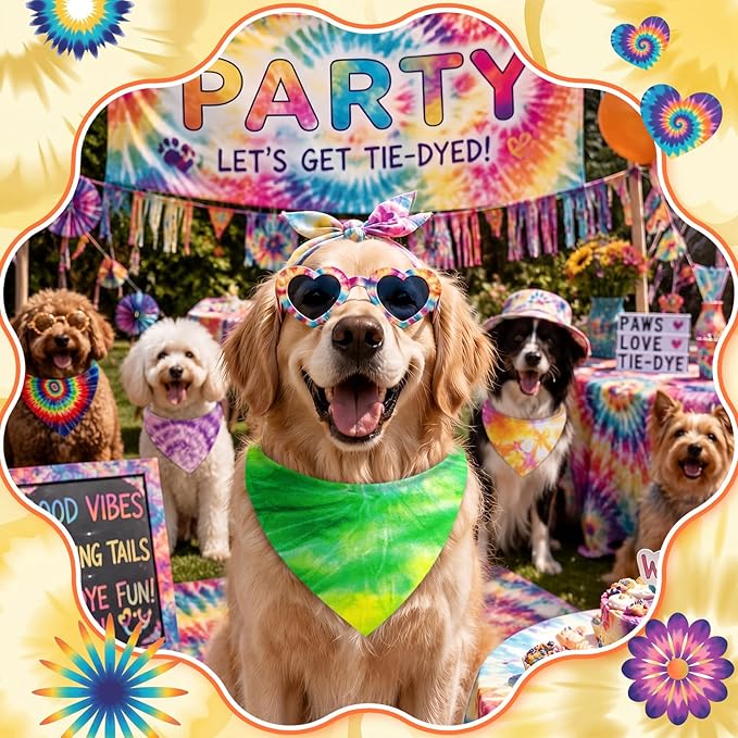 Abbylike 50 Pieces Tie Dye Dog Bandanas Bulk Colorful Hippie Pattern Dog Bandanas for Dogs Triangle Kerchief Scarf Bibs Set for Pets Summer Party Costume Accessories, 25 Styles (19.7 x 13.8 x 13.8)
