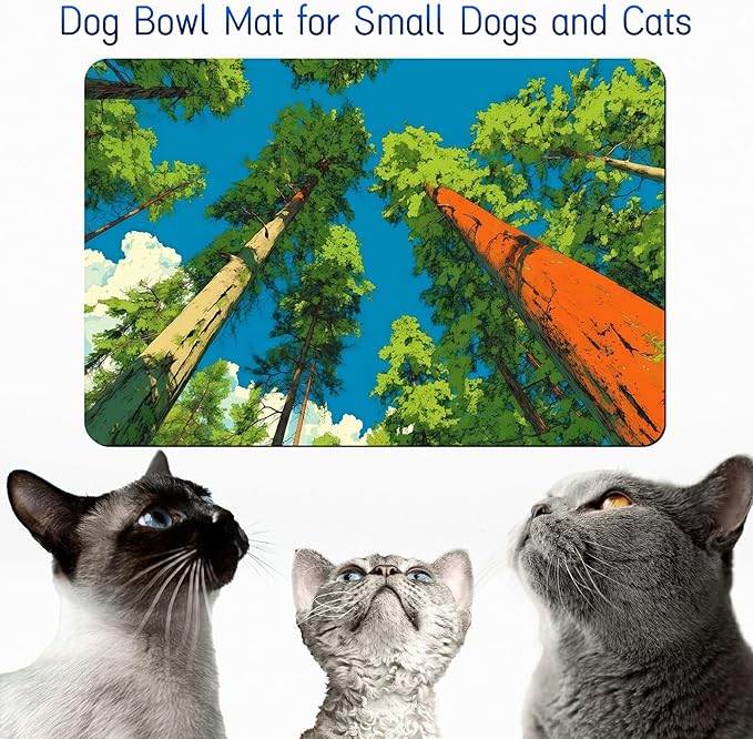 Dog Food Mat, 19.6" x 23.6" Absorbent Pet Feeding Mat for Food and Water, Waterproof Diatom Mud Pet Placemat with Non-Slip Rubber Backing, Cat Bowl Mat for Floors - Green Forest Trees