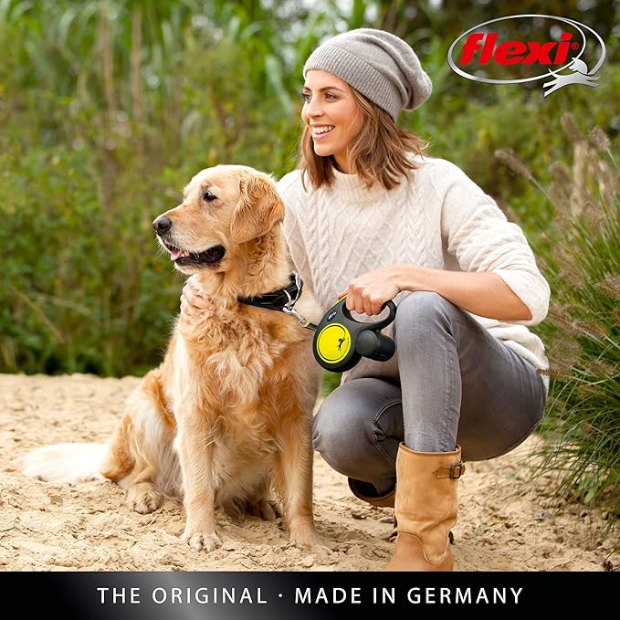 FLEXI New Neon Tape Retractable Dog Leashes for Medium Dogs Upto 55 lbs. – 16 ft., Neon Yellow/Black | Tangle Free Pet Walking Leash with One-Handed Brake, Pause, Lock|German Quality Product