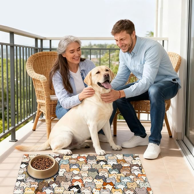 Cute Cat Food Mat 20 x 12 Inch Cartoon Pattern Non Slip Design, Pet Feeding Mat Absorbent Quick Dry Washable Rectangle Bowl Placemat Rug Protect Floors for Cat Dog Food Water Area Home Use