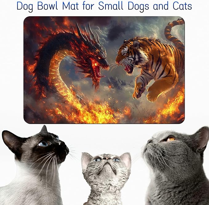 Dog Food Mat, 15.7" x 23.6" Absorbent Pet Feeding Mat for Food and Water, Waterproof Diatom Mud Pet Placemat with Non-Slip Rubber Backing, Cat Bowl Mat for Floors - Flame Tiger Dragon