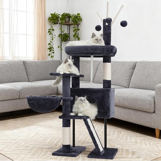 Gitelsnour Cat Tree for Indoor Cats, Cat Tower with Scratching Post for Small Cats and Kittens, Cat House with Removable Top Platform and Fluffy Balls, Hanging Cat Basket, Smoky Gray GCT006SG