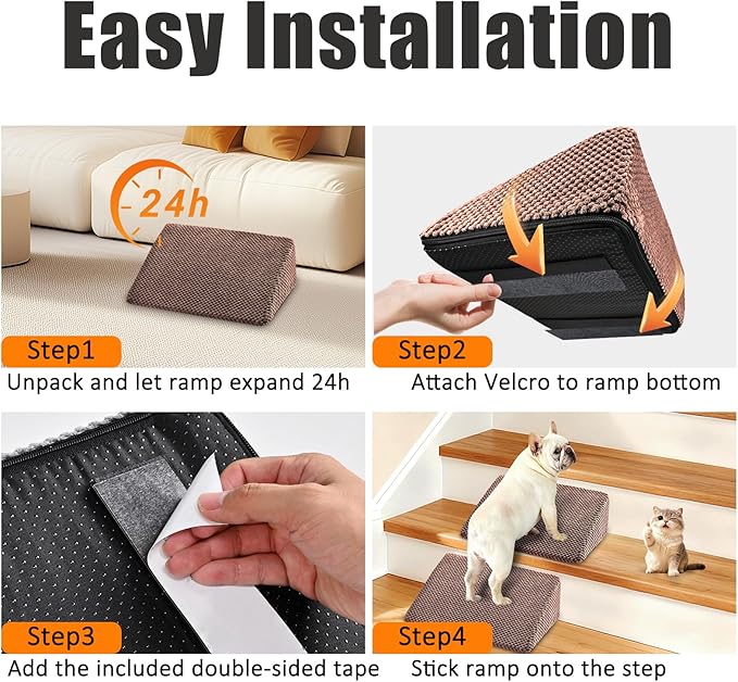 Dog Ramp for Stairs for Small & Senior Dogs and Cats – Non-Slip Stair Wedges for Dogs with Gentle Slope, Pet Ramp with Washable Cover & Self-Sticky Pads for Safe Climbing (Brown, 6 Pack)