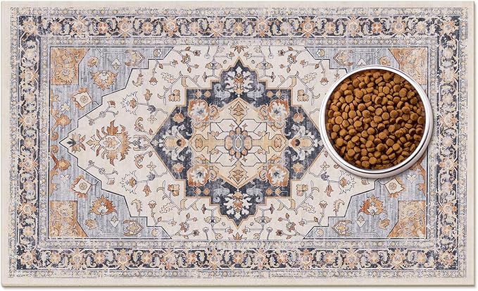Boho Dog Feeding Mat, Absorbent Cat Matt for Food, Non Slip Pet Water Bowl Placemat Small for Floor, Cream & Terracotta & Blue Indoor Dog Eating Dish Mat 16"x24"