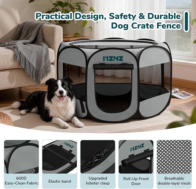 Dog Playpen, Portable Puppy Pet Crate Indoors for Small/Medium/Large Dogs Cats Rabbits, Foldable Dog Cage Enclosure for Outdoor, Pop Up Dogs Tent Kennel with Carrying Case, Whole Grey