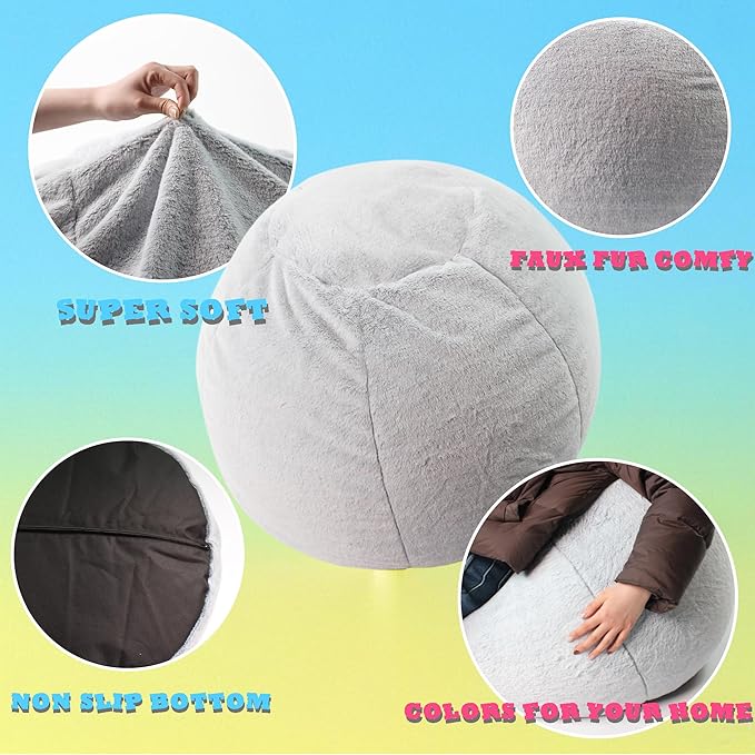 LPMOERA Fluffy Faux Fur Bean Bag Cover (No Filler) Stuffed Animal Bean Bag Storage Comfy Bean Bag Covers for Kids Snow Grey