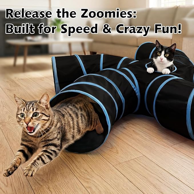 Joytale 5-Way Cat Tunnels for Indoor Cats, Pet Tube Toy with Bell Ball and Toy Mouse, S-Shape Collapsible Tunnel with Interactive Hole for Kitty, Kitten, Rabbit, Puppy (Blue&Black)