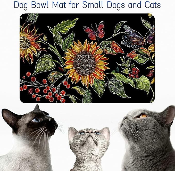 Dog Food Mat, 15.7" x 23.6" Absorbent Pet Feeding Mat for Food and Water, Waterproof Diatom Mud Pet Placemat with Non-Slip Rubber Backing, Cat Bowl Mat for Floors - Red Butterfly Sunflower