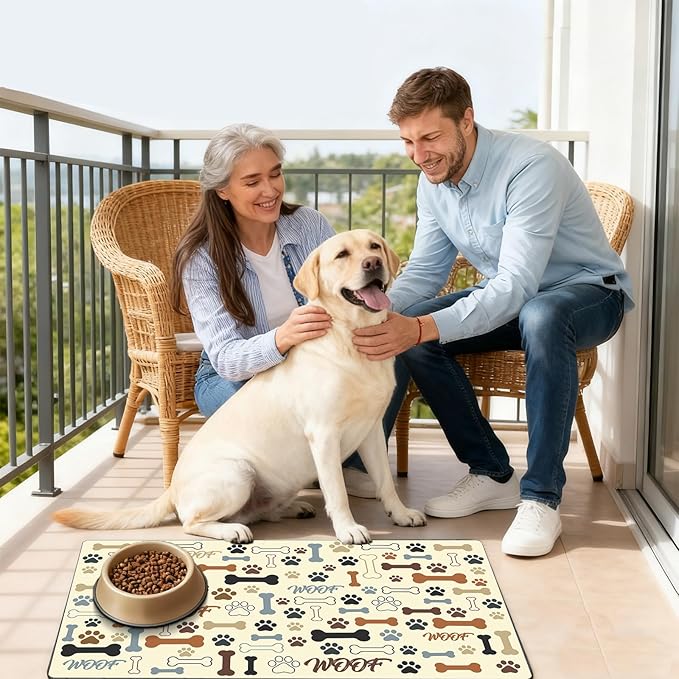 Cute Dog Food Mat 20 x 12 Inch Paw Print Bones Pattern Non Slip Design, Dog Feeding Mat Absorbent Quick Dry Washable Bowl Placemat Rug Protect Floors for Cat Pet Food Water Area Home Use