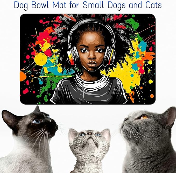 Dog Food Mat, 19.6" x 23.6" Absorbent Pet Feeding Mat for Food and Water, Waterproof Diatom Mud Pet Placemat with Non-Slip Rubber Backing, Cat Bowl Mat for Floors - Black Haired Girl