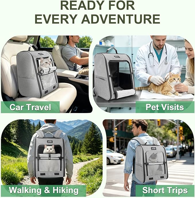 Pet Backpack Carrier for Small Dogs and Cats, Comfortable Portable Cat Bag for Travel Use with Ventilated Mesh, Safety Strap, and Easy-Clean Waterproof Fabric, Grey
