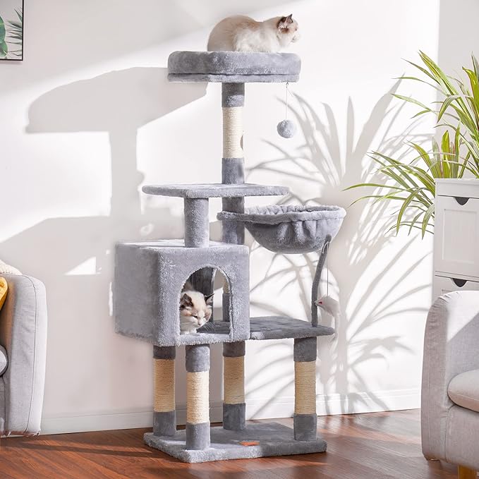 Heybly Cat Tree with Toy, Cat Tower condo for Indoor Cats, Cat House with Padded Plush Perch, Cozy Hammock and Sisal Scratching Posts, Light Gray HCT004W