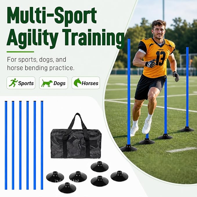 6 Pack Soccer Agility Training Poles, 5 FT Adjustable Speed and Agility Training Equipment for Football/Basketball/Dog Practice, Bending Poles for Horses with Rubber Bases and Carry Bag