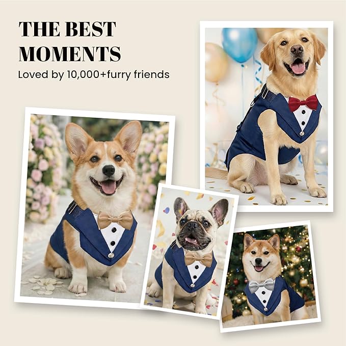 AVERYDAY 2 Pcs Dog Tuxedo & Bandana Set, Dog Suit Costume with Bowtie for Wedding Outfit, Pet Tux Harness with Leash Ring for Party Birthday Christmas, Formal Wear for Small Medium Large Breed