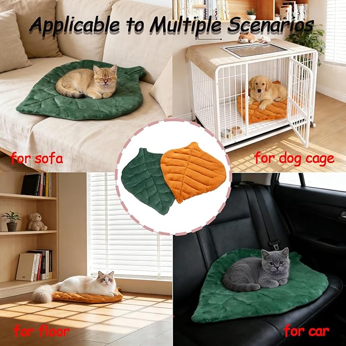Self Warming Cat Bed 26''×20‘’ Leaf Shaped Soft Flannel Cotton Pet Mat Blanket Dog Mat for Indoor Bed Couch Sofa Floors Cat and Dog (Green)