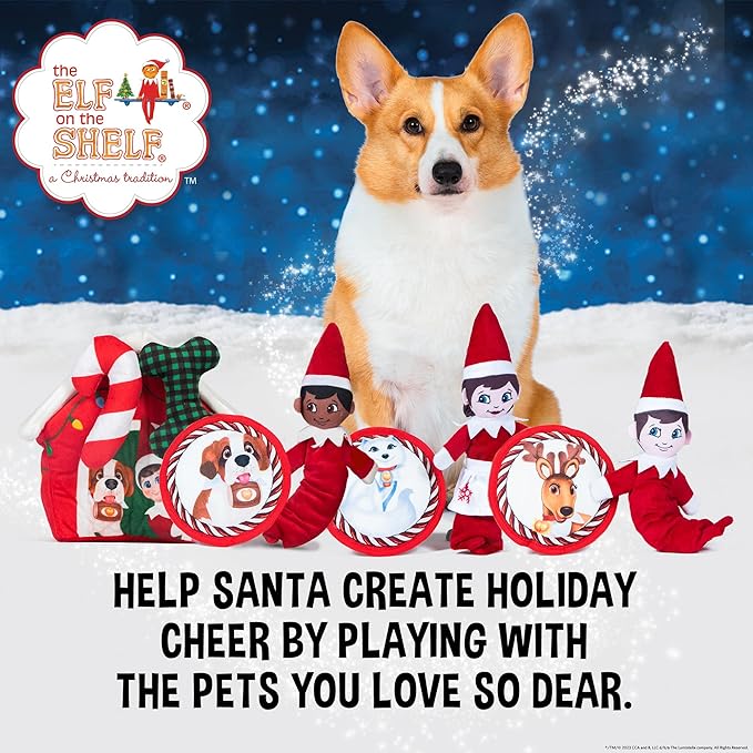The Elf on the Shelf 2pc Dog Toy Set with Elastic Scout Elf + Elf Pets Arctic Fox Plush Flattie Disk, Squeaky Dog Toys | Bungee Dog Toys for Tug | Stocking Stuffers for Dogs