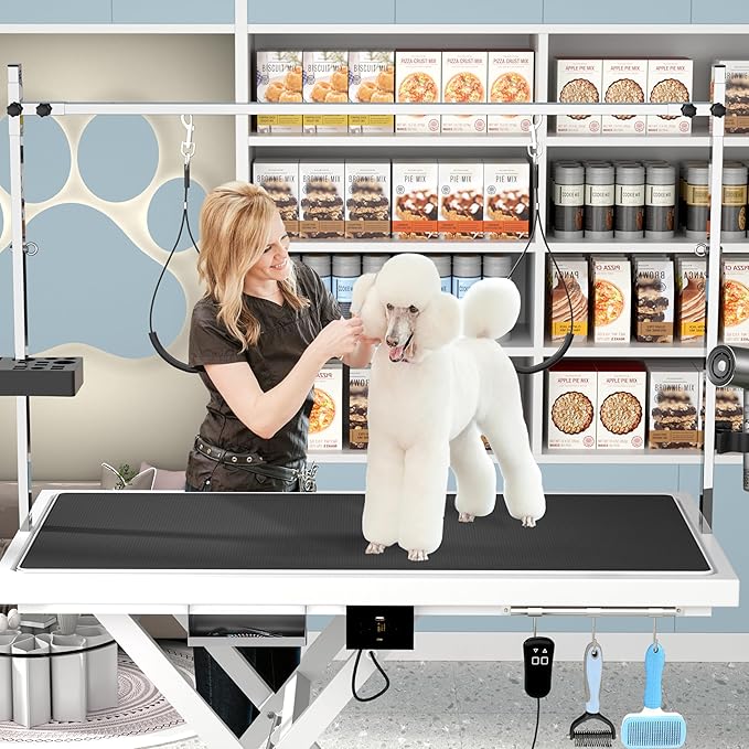 SoarFlash 49.6” Electric Lift Pet Dog Grooming Table,Heavy Duty Electric Grooming Table for Dogs&Cats,Heavy Duty Height Adjustable with Overhead Arm, Clamps, Two Grooming Noose