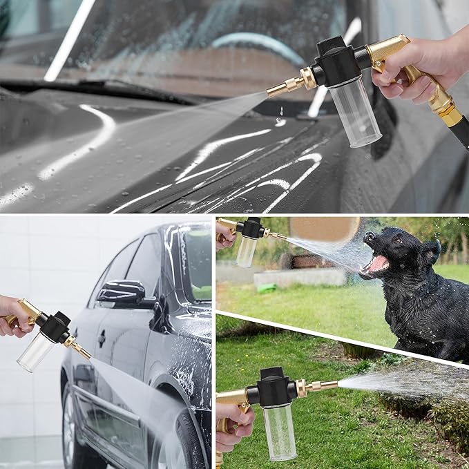 Garden Hose Nozzle Sprayer with 3.5oz Plastic Soap Dispenser Bottle, Heavy Duty High Pressure Car Wash Foam Gun, Adjustable Nozzle For Gardening, Solar Panel Cleaning, Pet Showering (Brass)