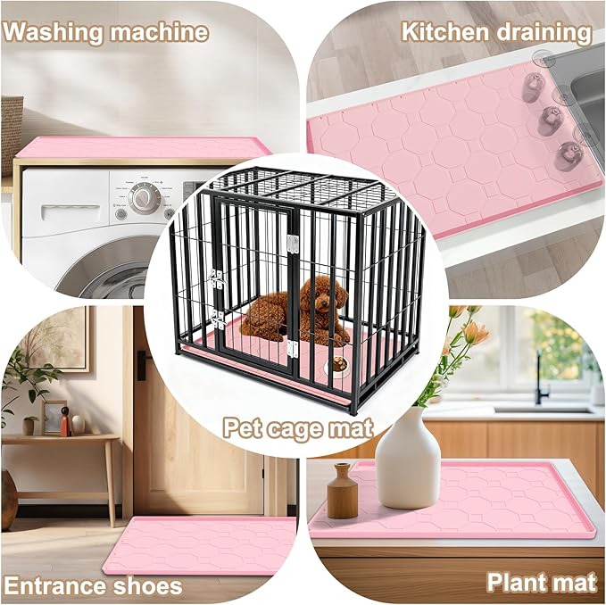 Silicone Cat Litter Mat, 34“ x 22” Waterproof Cat Litter Mats for Floors, Raised Edges Prevent Leaks and Make Cleaning Easy (Pink)