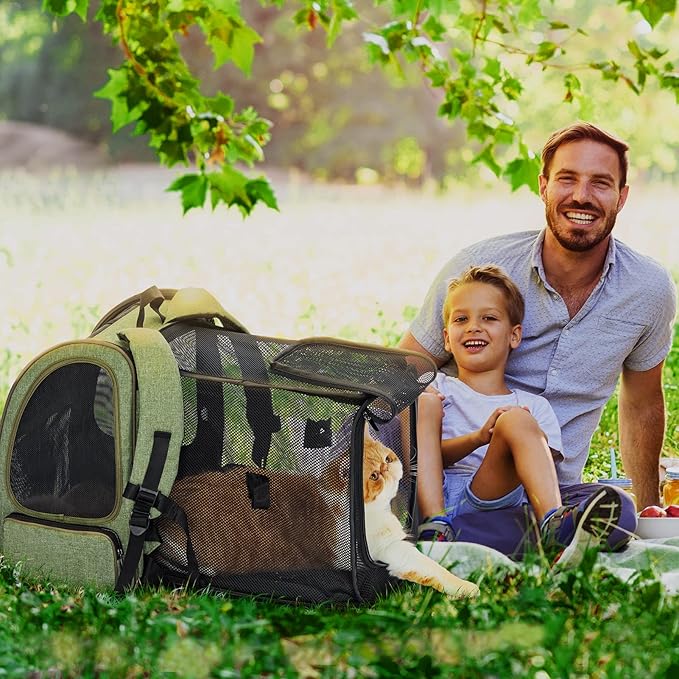Petsfit Expandable Pet Backpack Carrier for Cats & Small Dogs up to 18 lbs – Foldable Travel Backpack with Mesh Ventilation & Lockable Zippers for Hiking, Camping – Green