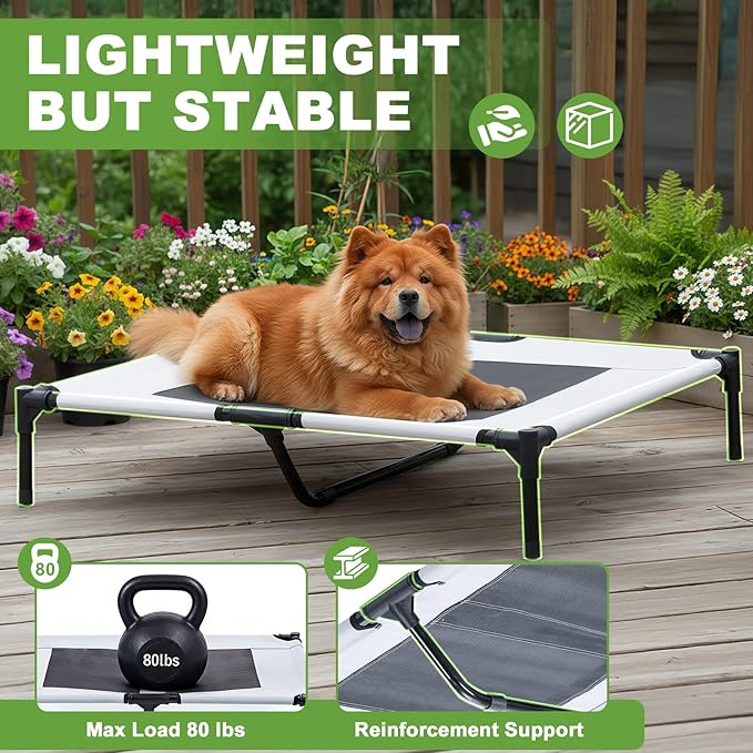 S/M/L Outdoor Raised Dog Cot with Canopy & Side Shade - Portable Cooling Elevated Dog Bed for Camping Beach (with Carry Bag)