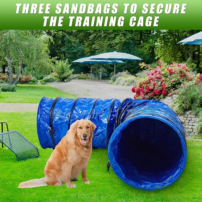 Briwooody 28 in 10 Foot PVC Dog Agility Tunnel with Sandbags Dogs Agility Training Equipment Tunnel with 2 Pack Sandbags, Carry Bag and 4 Ground Spikes for All Medium Large Dogs(Blue)